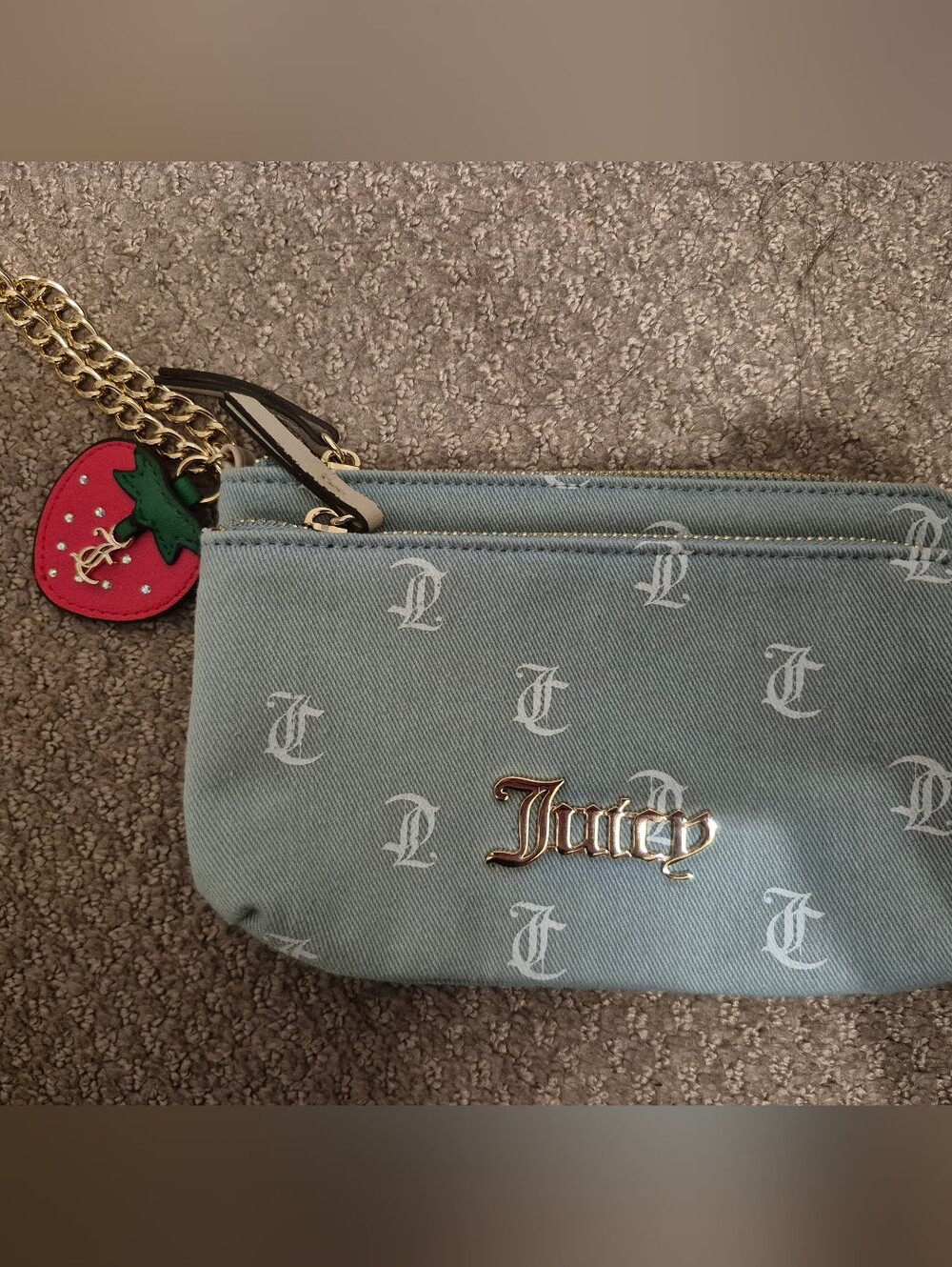 Juicy Couture Light Blue Monogram Wristlet with Gold Chain